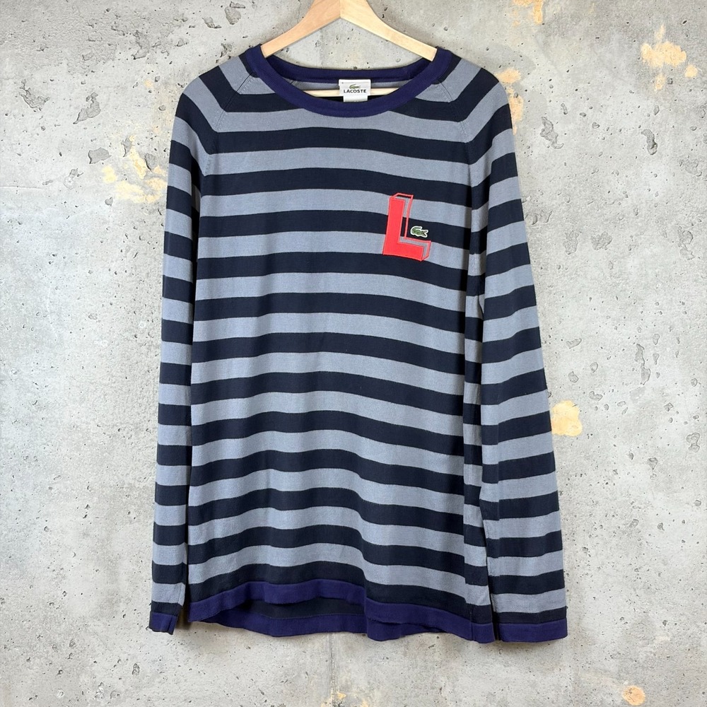 Lacoste Sweater Mens XL Gray Blue Striped Logo Cotton Raglan Sleeve Pullover
